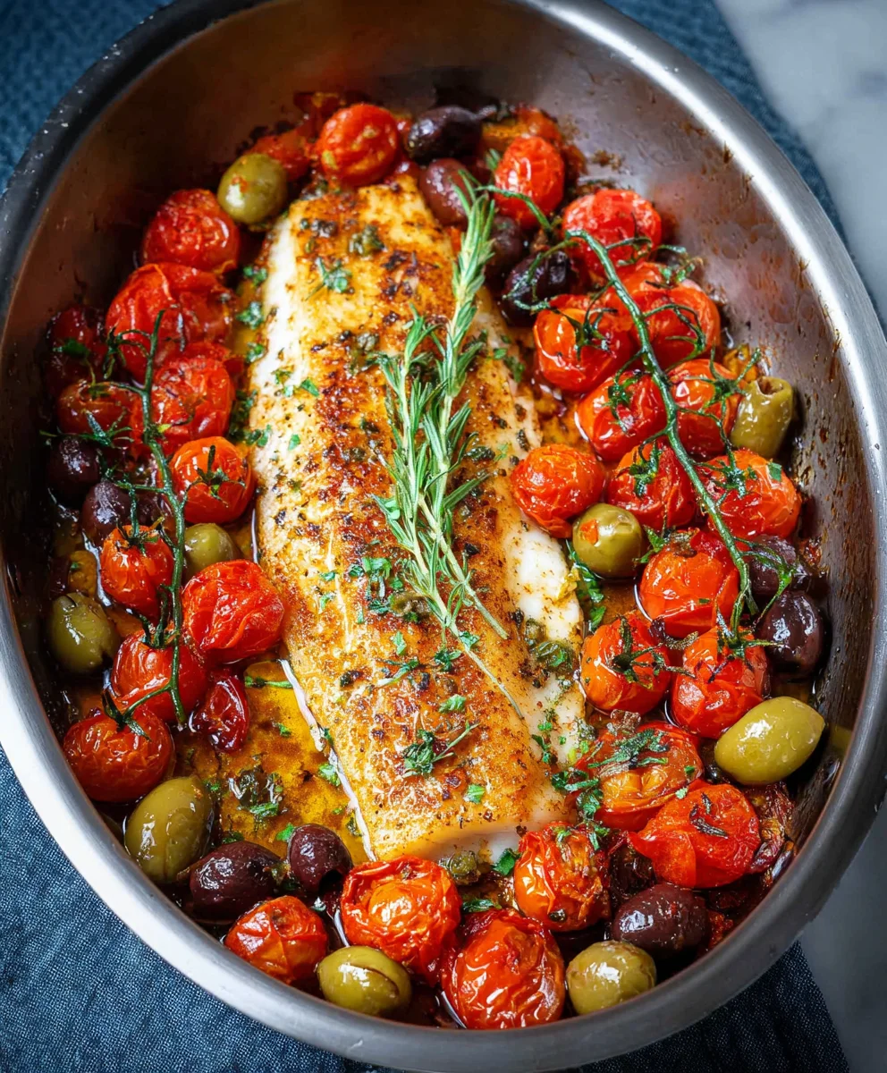 Easy Baked Fish Cherry Tomatoes Olives Recipe