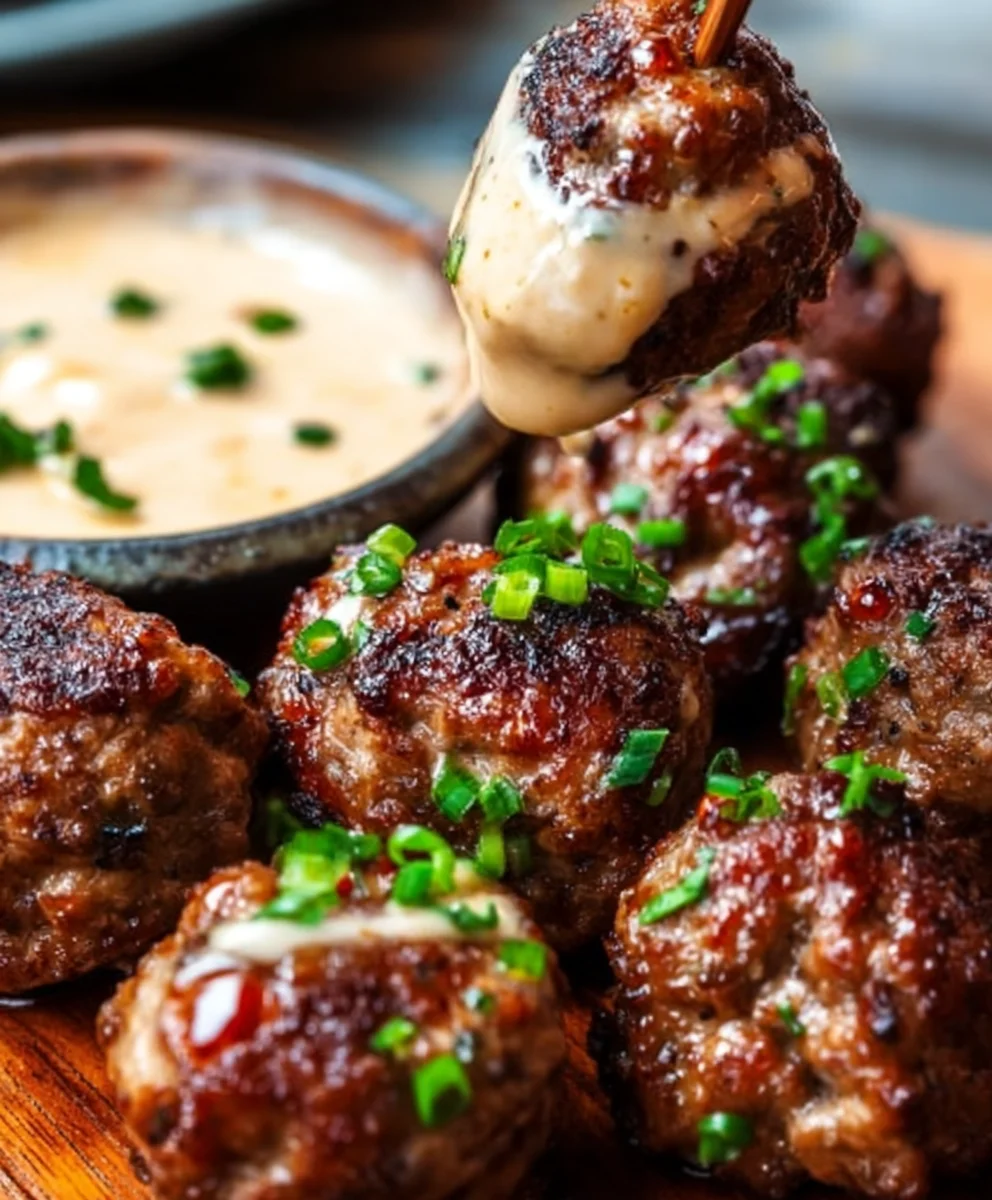 Korean BBQ Beef Meatballs Spicy Mayo Dip