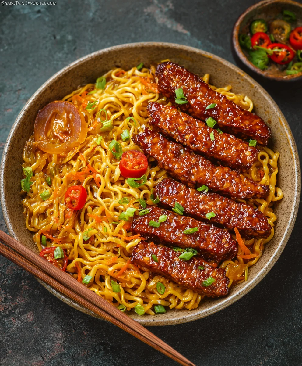 Sweet Spicy Tempeh Garlic Curry Noodles