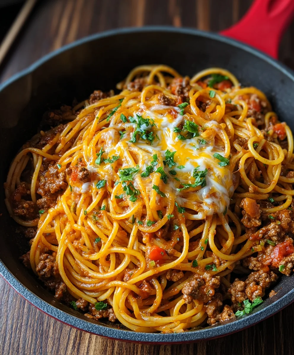 Easy One Pot Taco Spaghetti- Quick Family Dinner