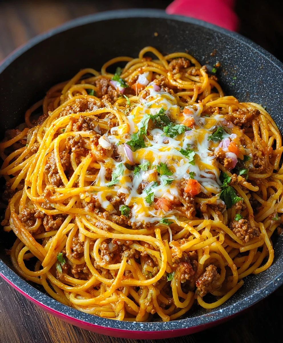 Easy One Pot Taco Spaghetti- Quick Family Dinner
